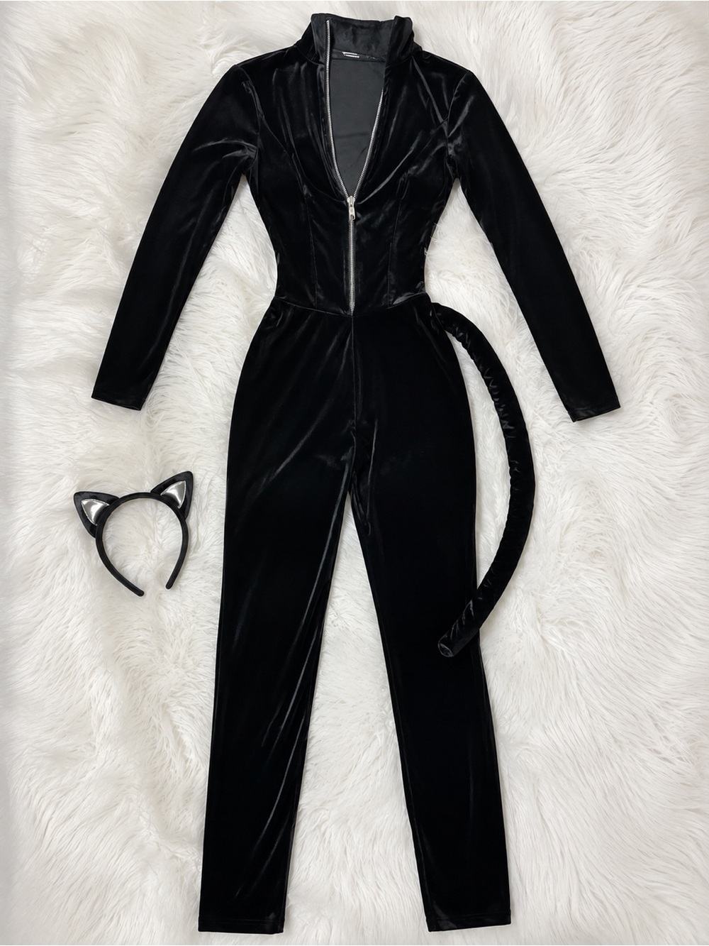 Spirit Black Velvet Cat Costume Jumpsuit w/ Ears & Tail – Women’s Medium